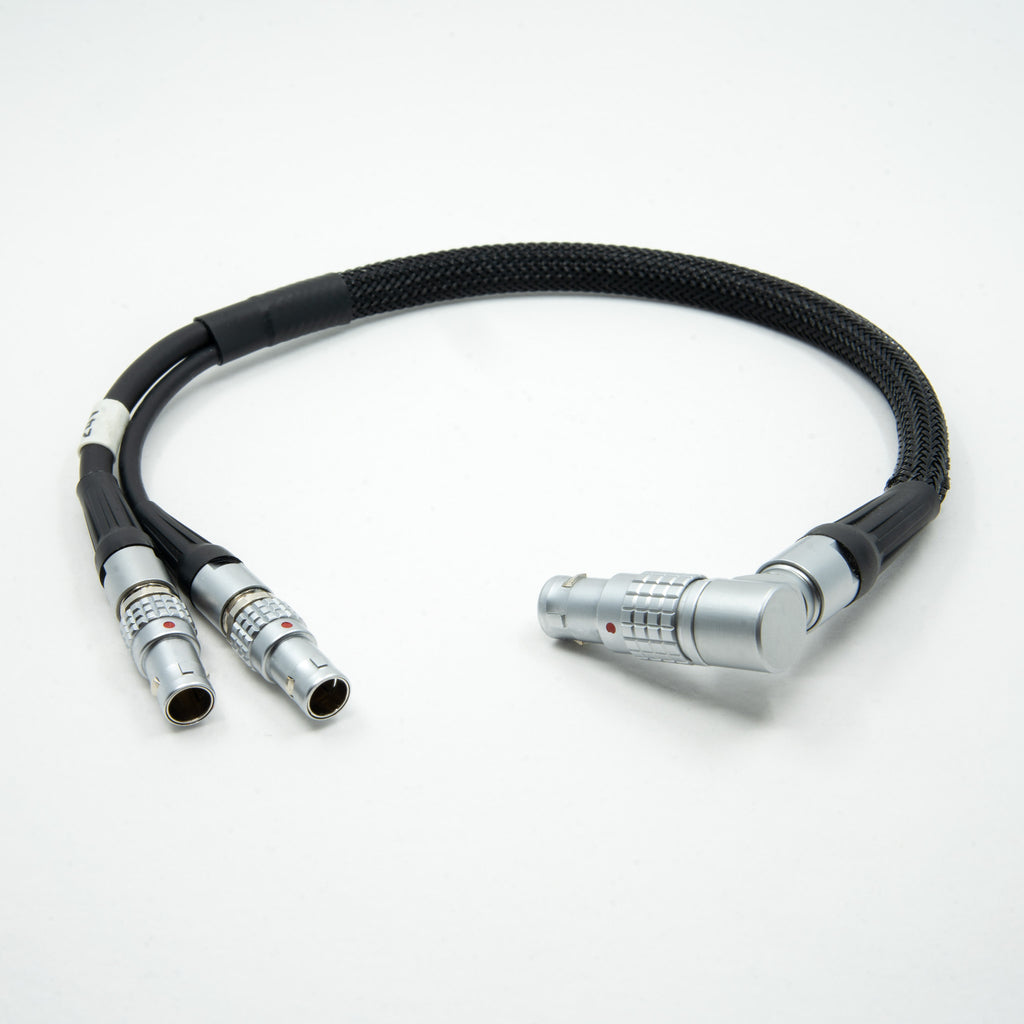 ARRI ALEXA 'Y' Cable - 10 pin Ethernet (Right Angle) to 2 pin Power and 4 pin 'CC' Ethernet